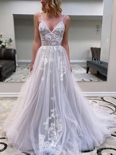 Princess V-neck Tulle Sweep Train Appliques Lace Wedding Dresses #Milly00023771
