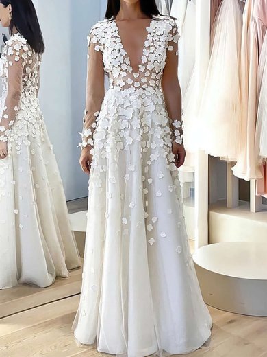 A-line V-neck Tulle Floor-length Wedding Dresses With Flower(s) #Milly00023773