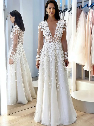 A-line V-neck Tulle Floor-length Flower(s) Wedding Dresses #Milly00023773