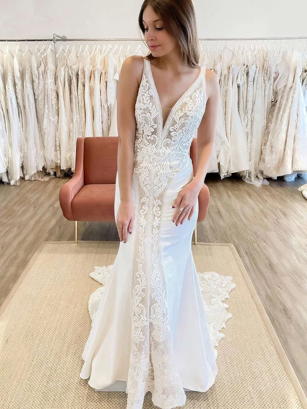 Trumpet/Mermaid V-neck Lace Stretch Crepe Sweep Train Wedding Dresses With Appliques Lace #Milly00023774