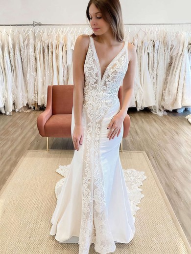 Trumpet/Mermaid V-neck Lace Stretch Crepe Sweep Train Appliques Lace Wedding Dresses #Milly00023774