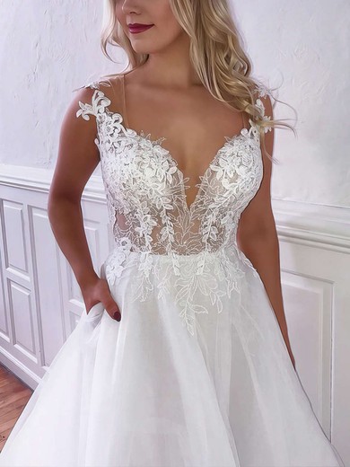 Ball Gown V-neck Tulle Court Train Appliques Lace Wedding Dresses #Milly00023778