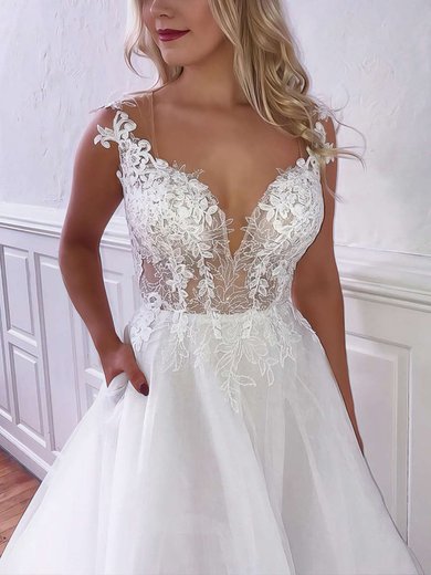 Ball Gown V-neck Tulle Court Train Appliques Lace Wedding Dresses #Milly00023778