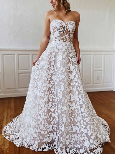 A-line Sweetheart Lace Sweep Train Wedding Dresses #Milly00023779