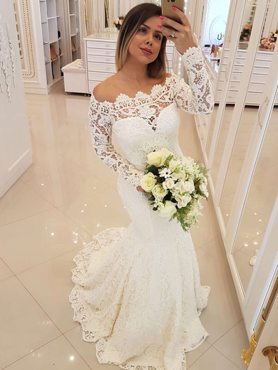Trumpet/Mermaid Off-the-shoulder Lace Sweep Train Wedding Dresses #Milly00023780
