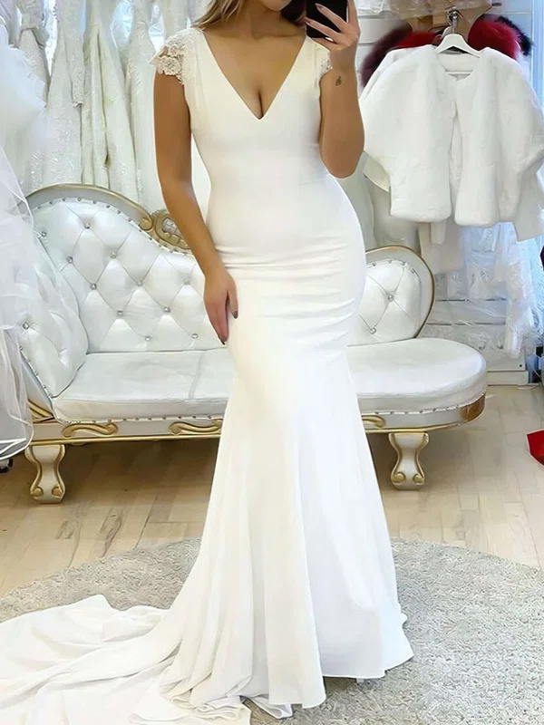 Trumpet/Mermaid V-neck Stretch Crepe Sweep Train Wedding Dresses With Appliques Lace #Milly00023781