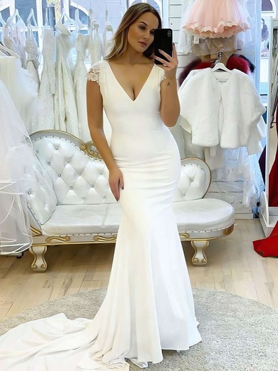 Trumpet/Mermaid V-neck Stretch Crepe Sweep Train Wedding Dresses With Appliques Lace #Milly00023781