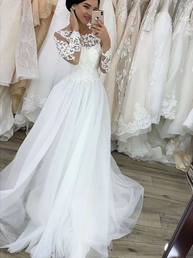 Ball Gown Illusion Tulle Sweep Train Wedding Dresses With Appliques Lace #Milly00023782