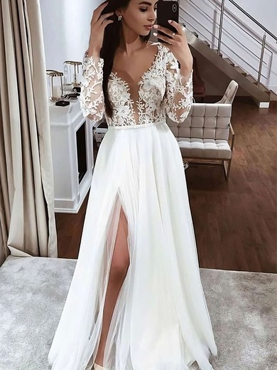 A-line V-neck Tulle Floor-length Wedding Dresses With Split Front #Milly00023783
