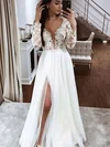 A-line V-neck Tulle Floor-length Wedding Dresses With Split Front #Milly00023783