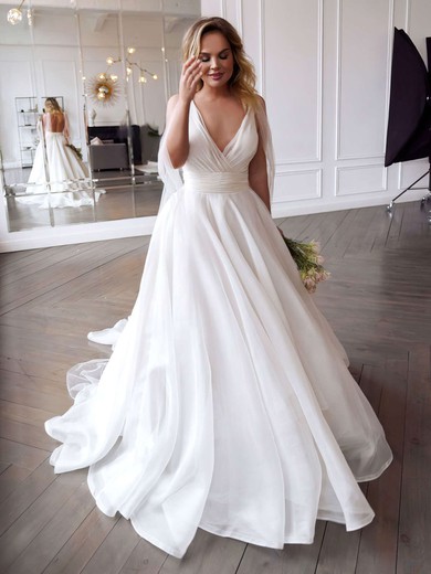 Ball Gown V-neck Organza Sweep Train Wedding Dresses With Ruffles #Milly00023785
