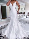 Trumpet/Mermaid V-neck Satin Court Train Wedding Dresses With Appliques Lace #Milly00023788