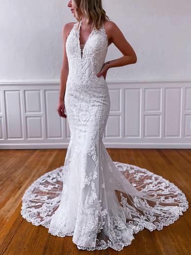 Trumpet/Mermaid V-neck Tulle Sweep Train Wedding Dresses With Appliques Lace #Milly00023789