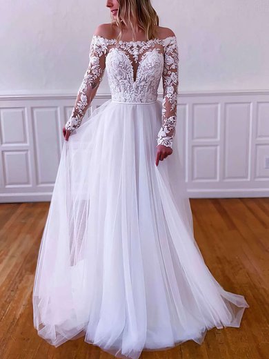 A-line Off-the-shoulder Tulle Sweep Train Appliques Lace Wedding Dresses #Milly00023790