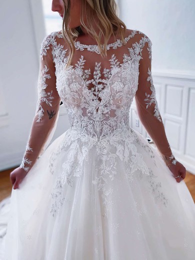 Ball Gown Illusion Tulle Sweep Train Wedding Dresses With Appliques Lace #Milly00023791