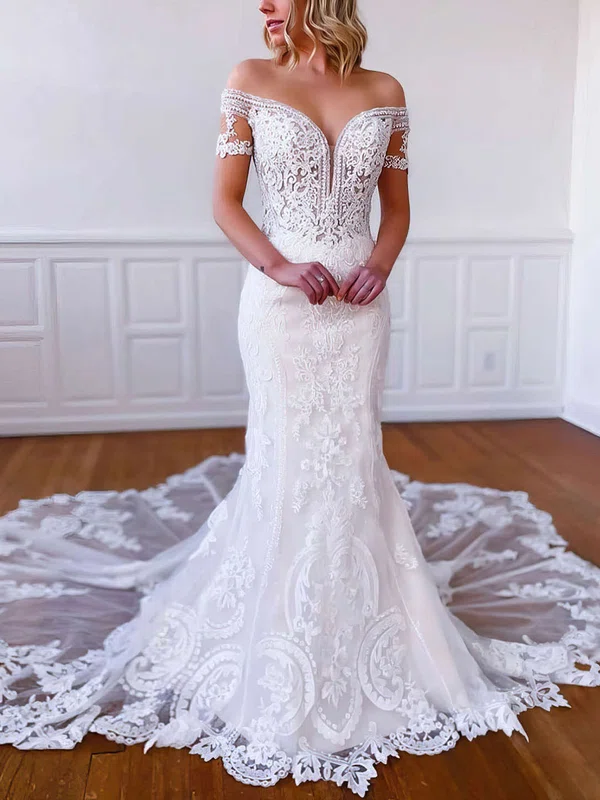 Trumpet/Mermaid Off-the-shoulder Tulle Court Train Wedding Dresses With Beading #Milly00023793