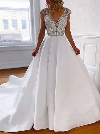 A-line V-neck Satin Court Train Beading Wedding Dresses #Milly00023794