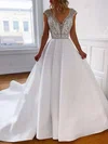 A-line V-neck Satin Court Train Wedding Dresses With Beading #Milly00023794