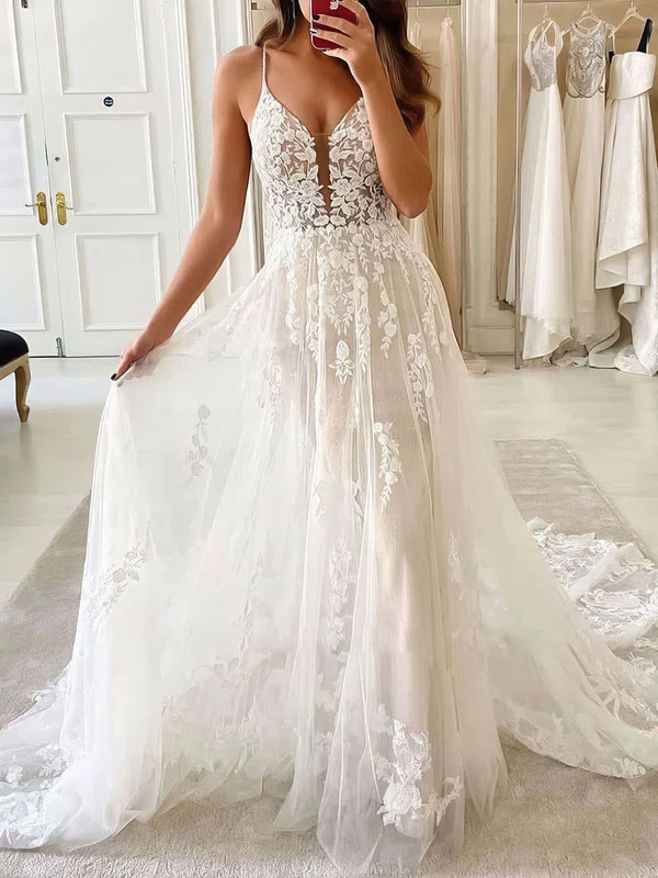 A-line V-neck Tulle Court Train Appliques Lace Wedding Dresses #Milly00023795