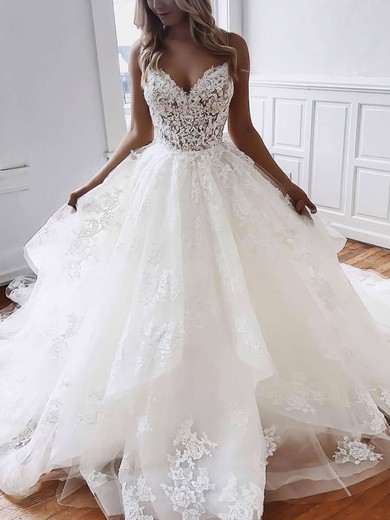 A-line V-neck Tulle Court Train Beading Wedding Dresses #Milly00023796