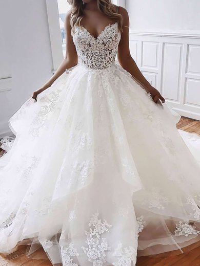 Ball Gown/Princess V-neck Tulle Court Train Wedding Dresses With Cascading Ruffles #Milly00023796