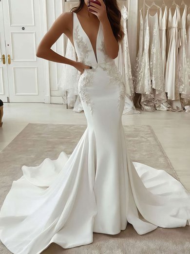 Trumpet/Mermaid V-neck Stretch Crepe Court Train Beading Wedding Dresses #Milly00023797