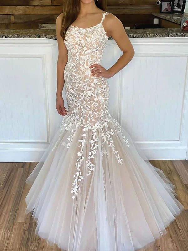 Trumpet/Mermaid scoop Neck Tulle Sweep Train Wedding Dresses With Appliques Lace #Milly00023798