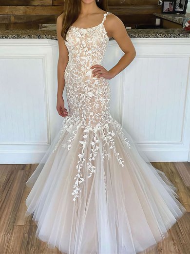 Trumpet/Mermaid scoop Neck Tulle Sweep Train Wedding Dresses With Appliques Lace #Milly00023798