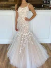 Trumpet/Mermaid scoop Neck Tulle Sweep Train Wedding Dresses With Appliques Lace #Milly00023798