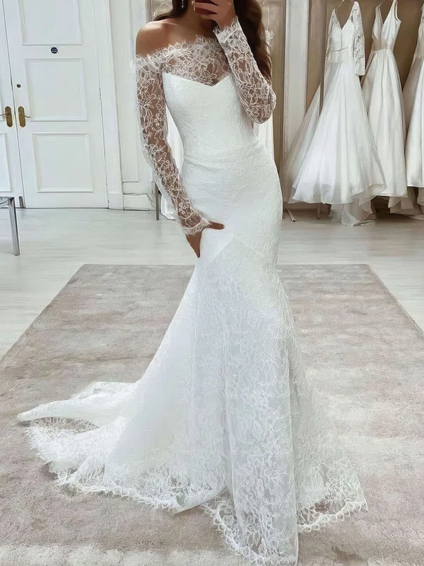 Trumpet/Mermaid Off-the-shoulder Lace Sweep Train Wedding Dresses #Milly00023800