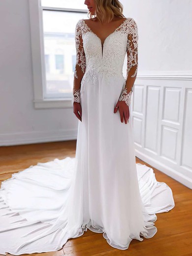 A-line V-neck Tulle Court Train Wedding Dresses With Beading #Milly00023802