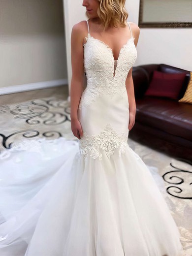 Trumpet/Mermaid V-neck Tulle Chapel Train Wedding Dresses With Beading #Milly00023804