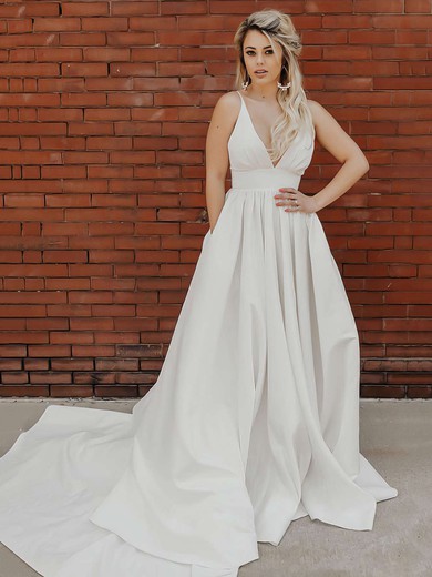 A-line V-neck Silk-like Satin Court Train Pockets Wedding Dresses #Milly00023805