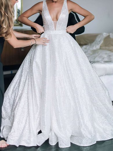 Ball Gown/Princess V-neck Glitter Court Train Wedding Dresses With Beading #Milly00023806