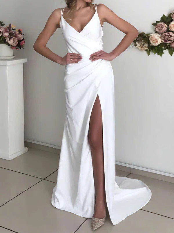 Sheath/Column V-neck Silk-like Satin Sweep Train Wedding Dresses With Split Front #Milly00023807