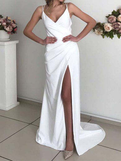 Sheath/Column V-neck Silk-like Satin Sweep Train Wedding Dresses With Split Front #Milly00023807