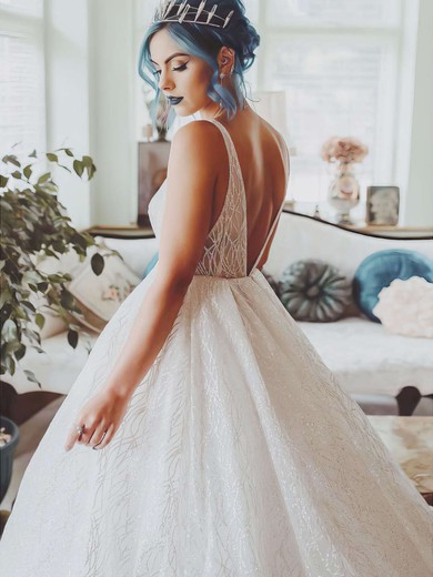 Ball Gown V-neck Glitter Court Train Wedding Dresses #Milly00023809