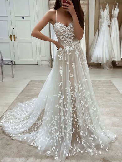 A-line V-neck Tulle Sweep Train Beading Wedding Dresses #Milly00023812