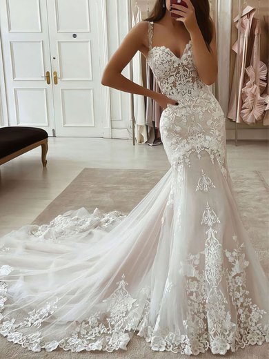 Trumpet/Mermaid V-neck Tulle Court Train Appliques Lace Wedding Dresses #Milly00023813