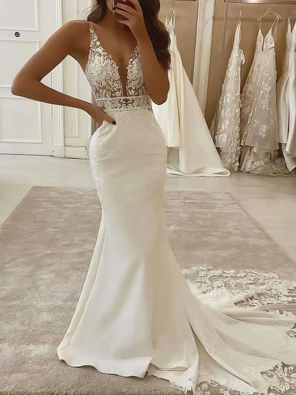 Trumpet/Mermaid V-neck Satin Tulle Sweep Train Appliques Lace Wedding Dresses #Milly00023814