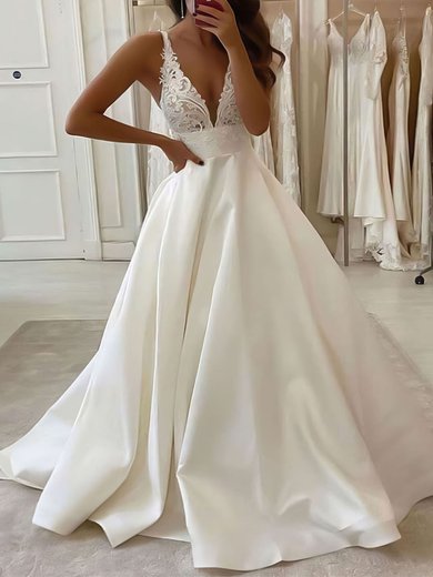 Ball Gown/Princess V-neck Satin Court Train Lace Wedding Dresses #Milly00023815