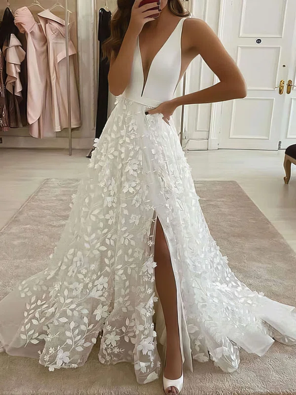 A-line V-neck Tulle Stretch Crepe Sweep Train Appliques Lace Wedding Dresses #Milly00023822