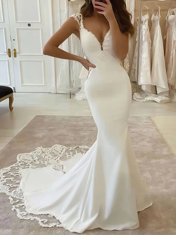 Trumpet/Mermaid V-neck Satin Tulle Sweep Train Appliques Lace Wedding Dresses #Milly00023823