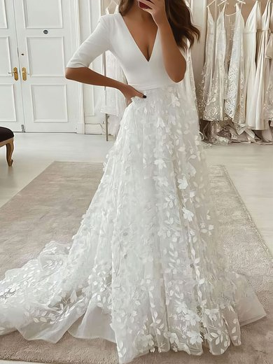 A-line V-neck Tulle Court Train Appliques Lace Wedding Dresses #Milly00023824