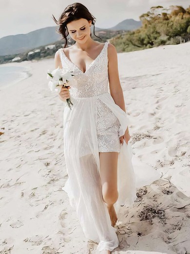 Sheath/Column V-neck Tulle Lace Floor-length Wedding Dresses #Milly00023837