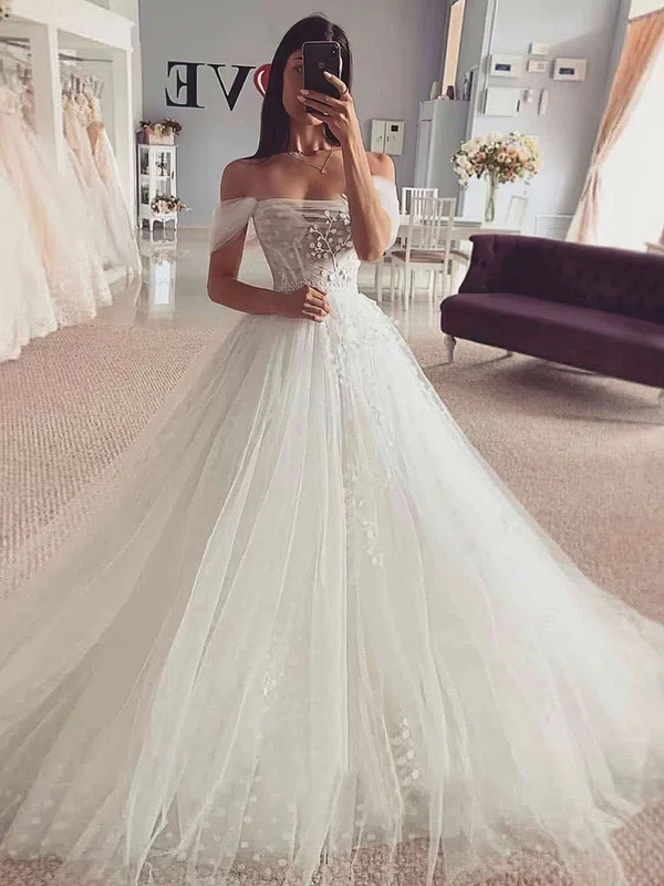 Ball Gown Off-the-shoulder Tulle Court Train Appliques Lace Wedding Dresses #Milly00023840
