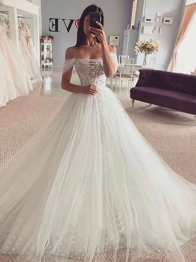 Ball Gown Off-the-shoulder Tulle Court Train Appliques Lace Wedding Dresses #Milly00023840