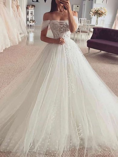 Ball Gown Off-the-shoulder Tulle Court Train Wedding Dresses With Appliques Lace #Milly00023840