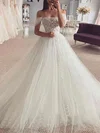 Ball Gown Off-the-shoulder Tulle Court Train Wedding Dresses With Appliques Lace #Milly00023840