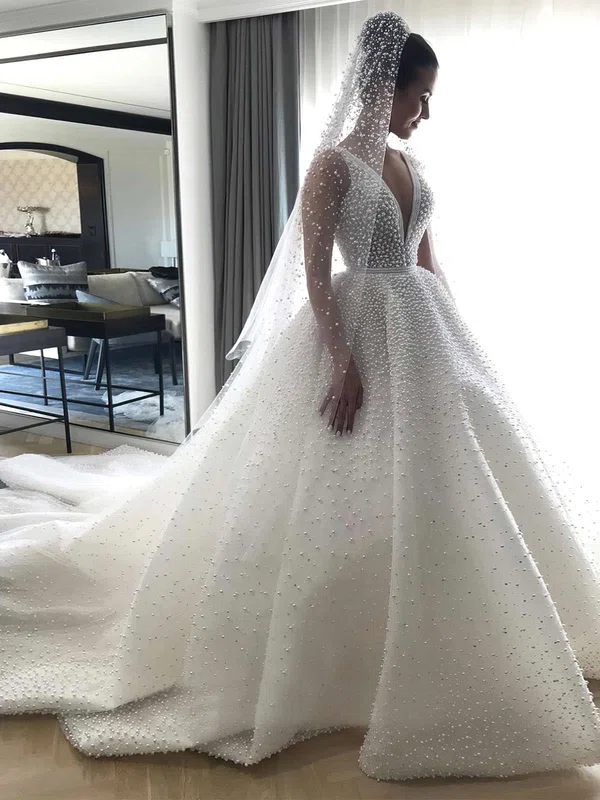 Ball Gown V-neck Tulle Chapel Train Wedding Dresses With Pearl Detailing #Milly00023841